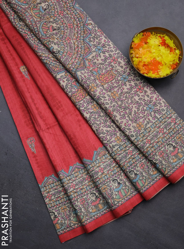 Semi tussar saree red and beige with tie & dye prints and madhubani printed pallu