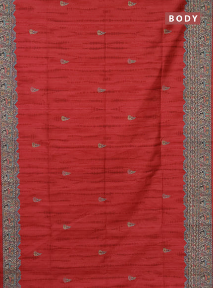 Semi tussar saree red and beige with tie & dye prints and madhubani printed pallu