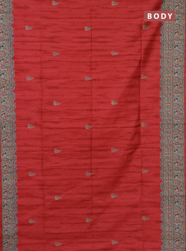 Semi tussar saree red and beige with tie & dye prints and madhubani printed pallu