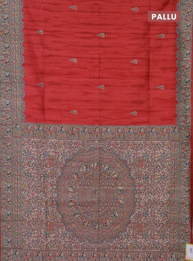 Semi tussar saree red and beige with tie & dye prints and madhubani printed pallu