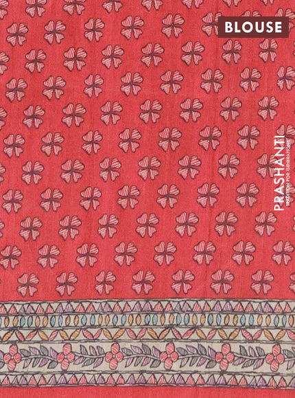 Semi tussar saree red and beige with tie & dye prints and madhubani printed pallu