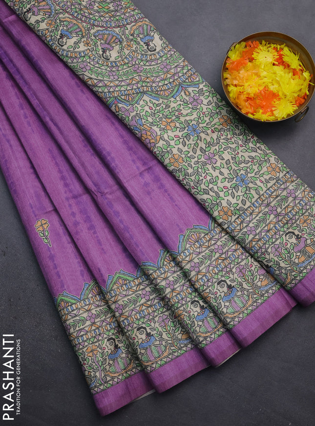 Semi tussar saree lavender and beige with tie & dye prints and madhubani printed pallu