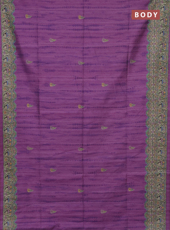 Semi tussar saree lavender and beige with tie & dye prints and madhubani printed pallu