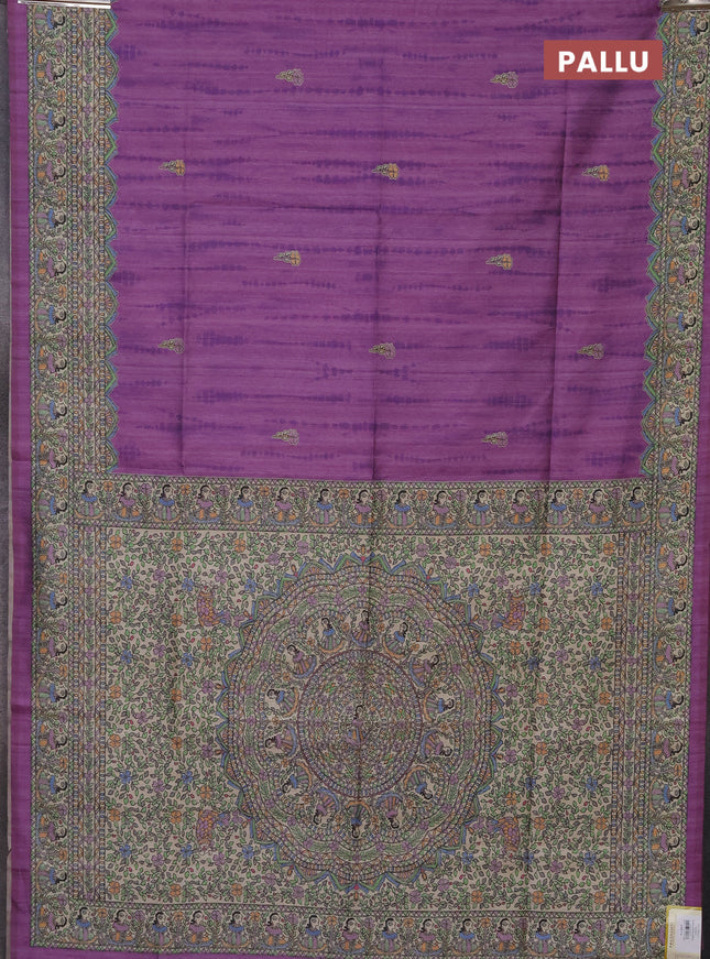 Semi tussar saree lavender and beige with tie & dye prints and madhubani printed pallu