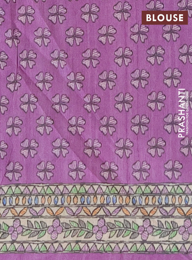 Semi tussar saree lavender and beige with tie & dye prints and madhubani printed pallu