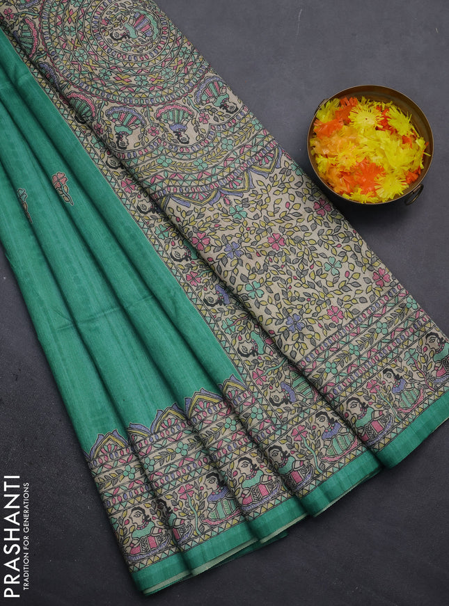 Semi tussar saree teal green and beige with butta prints and madhubani printed pallu