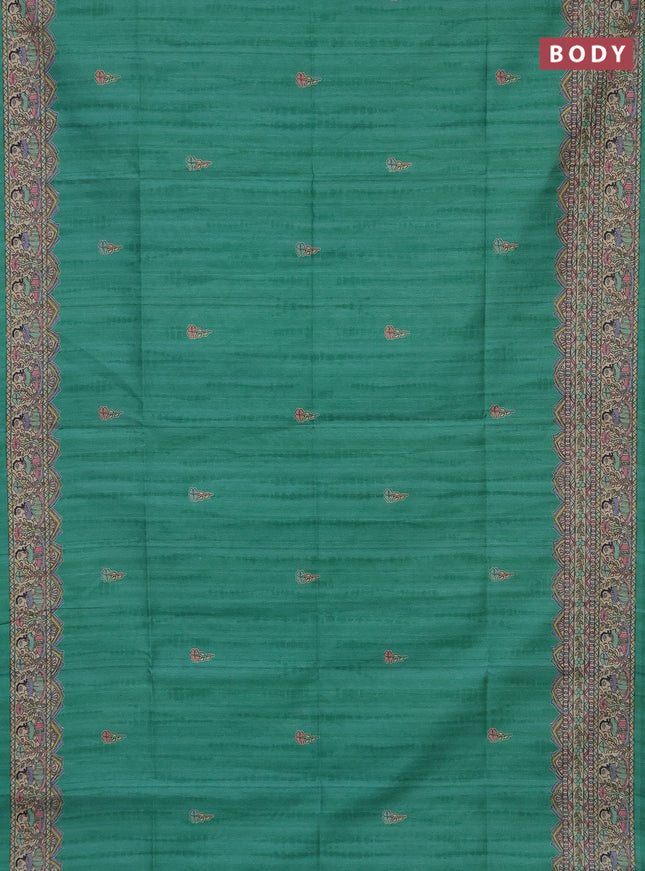 Semi tussar saree teal green and beige with butta prints and madhubani printed pallu