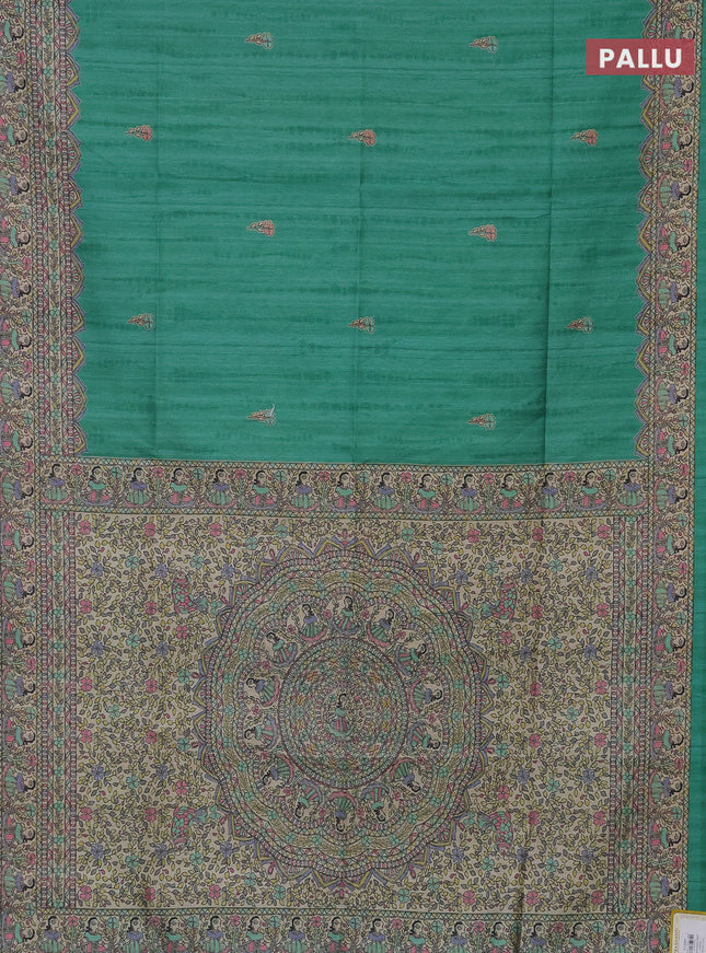 Semi tussar saree teal green and beige with butta prints and madhubani printed pallu