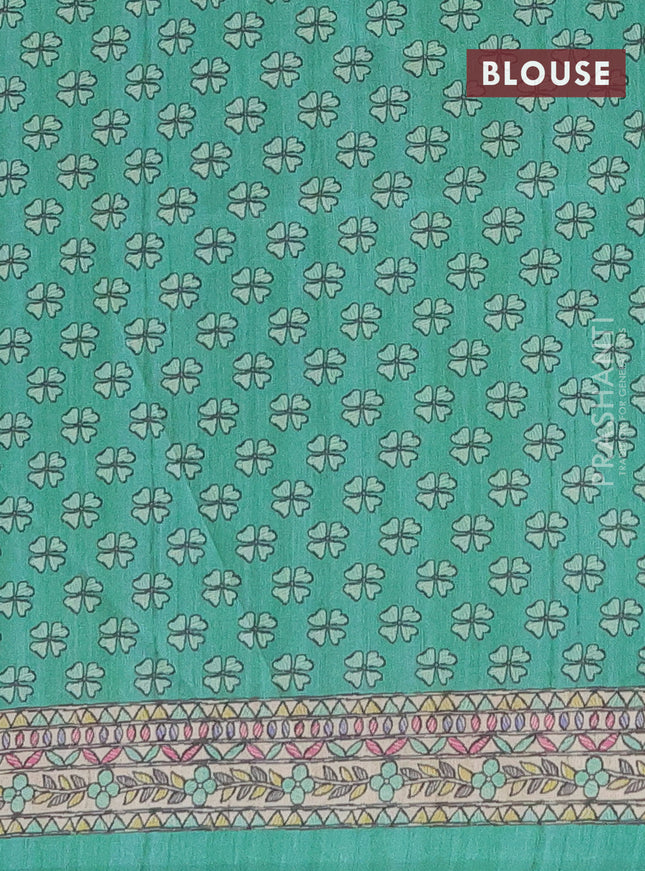 Semi tussar saree teal green and beige with butta prints and madhubani printed pallu