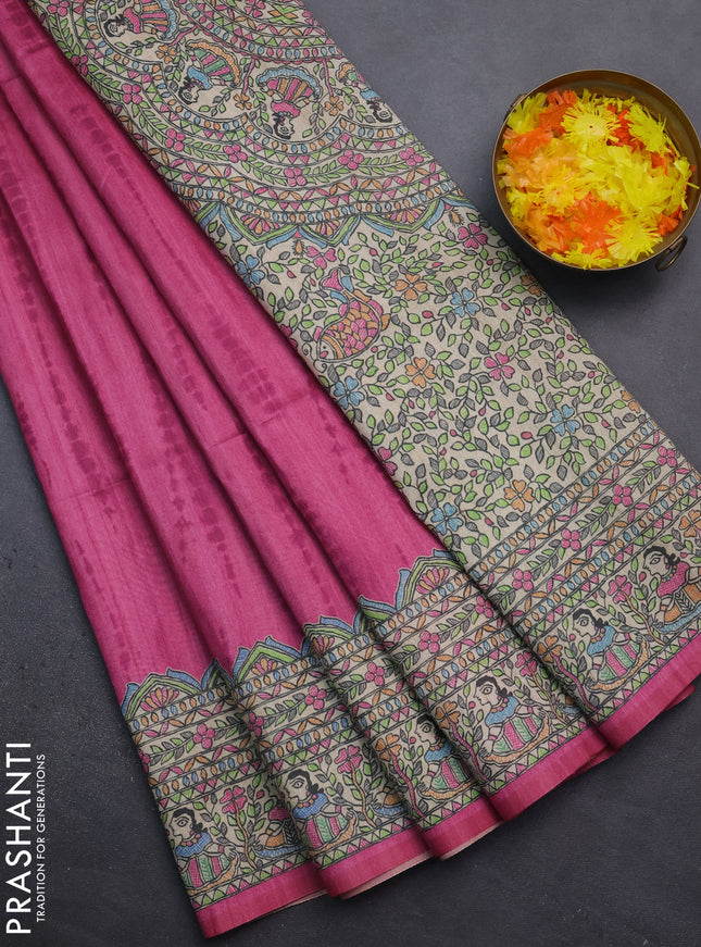Semi tussar saree magenta pink and beige with tie & dye prints and madhubani printed pallu