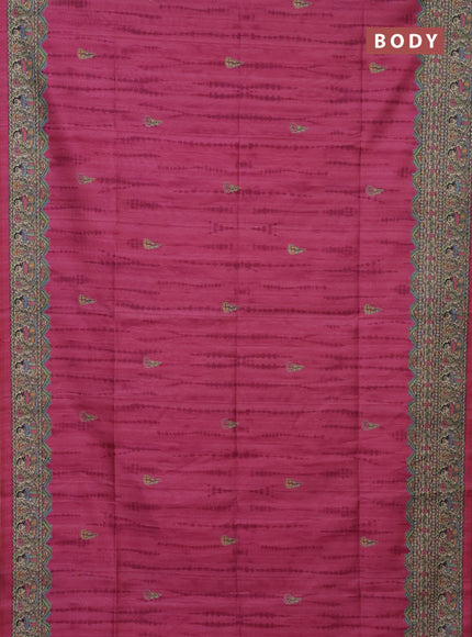 Semi tussar saree magenta pink and beige with tie & dye prints and madhubani printed pallu