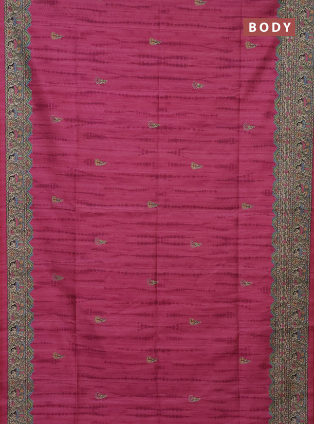 Semi tussar saree magenta pink and beige with tie & dye prints and madhubani printed pallu