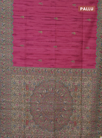Semi tussar saree magenta pink and beige with tie & dye prints and madhubani printed pallu