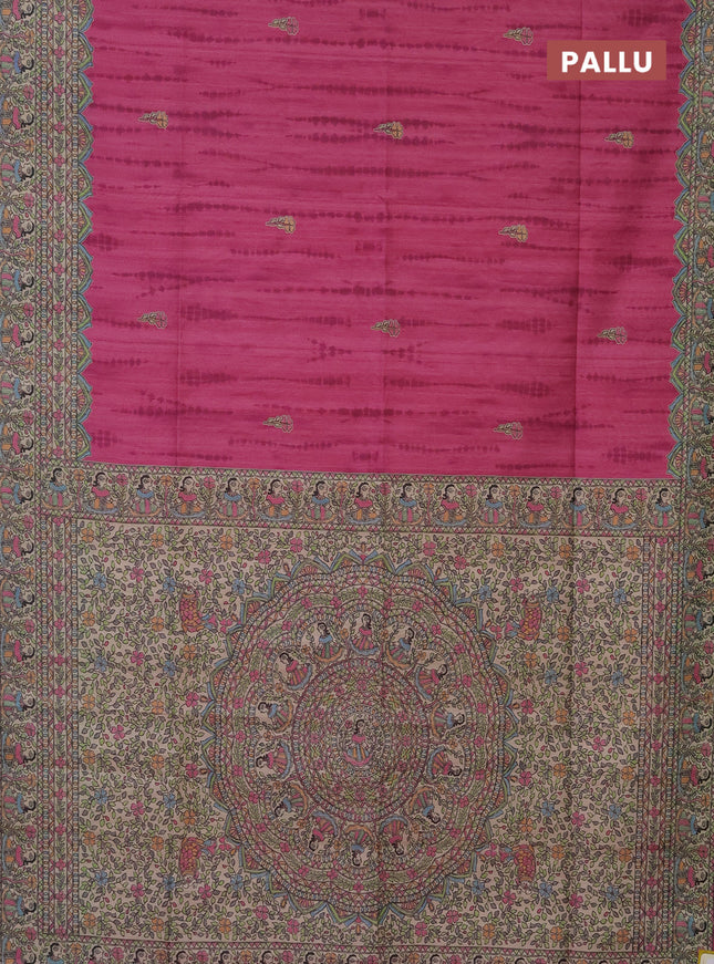 Semi tussar saree magenta pink and beige with tie & dye prints and madhubani printed pallu