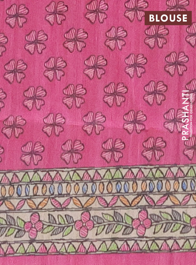 Semi tussar saree magenta pink and beige with tie & dye prints and madhubani printed pallu