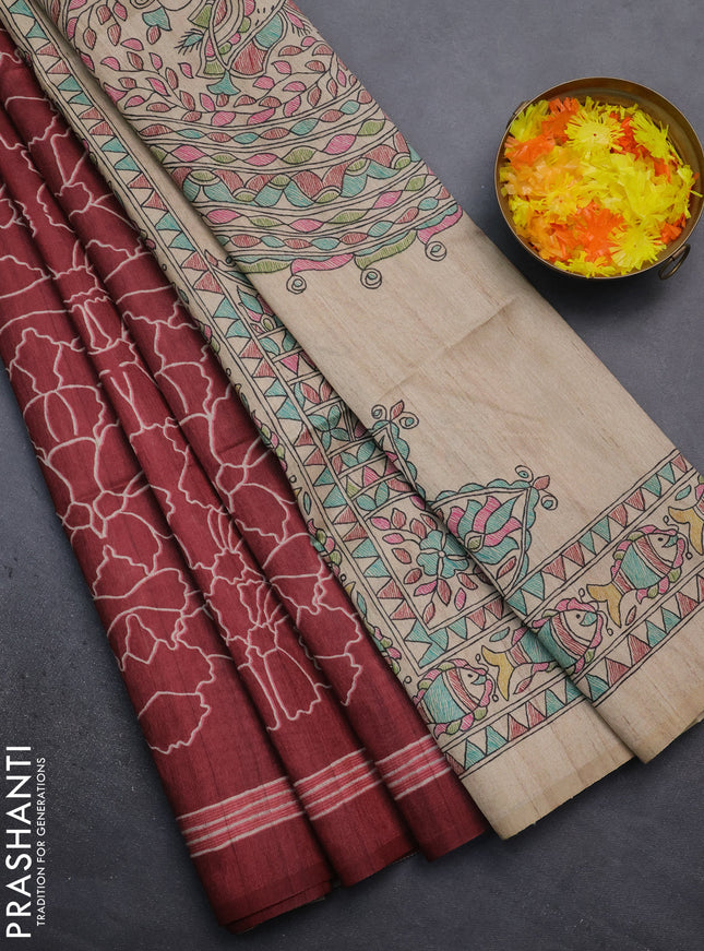 Semi tussar saree maroon and beige with allover prints and madhubani printed pallu