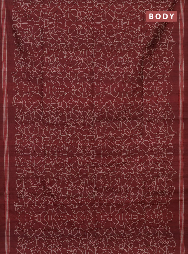Semi tussar saree maroon and beige with allover prints and madhubani printed pallu