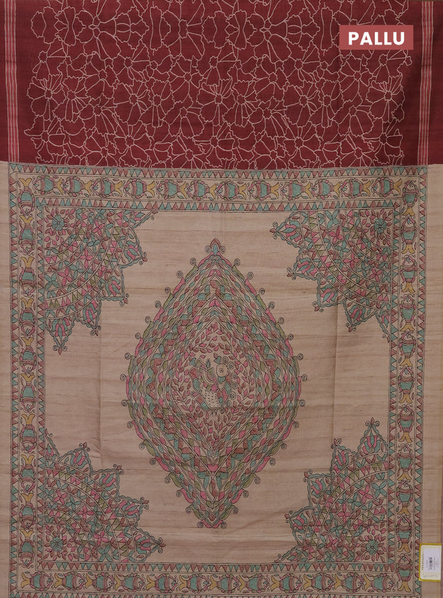 Semi tussar saree maroon and beige with allover prints and madhubani printed pallu