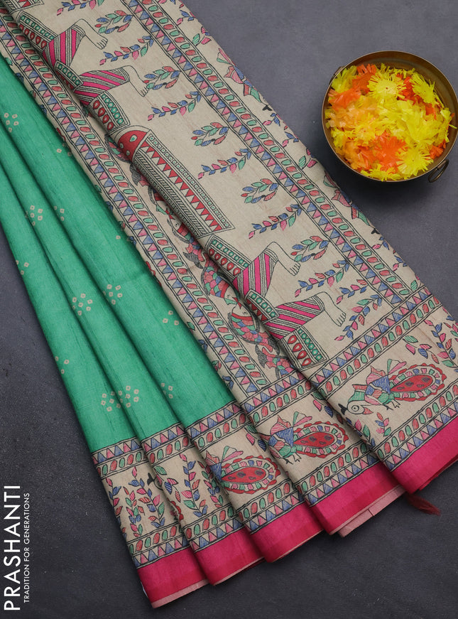 Semi tussar saree green and pink with bandhini butta prints and madhubani printed pallu