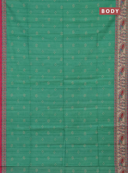 Semi tussar saree green and pink with bandhini butta prints and madhubani printed pallu