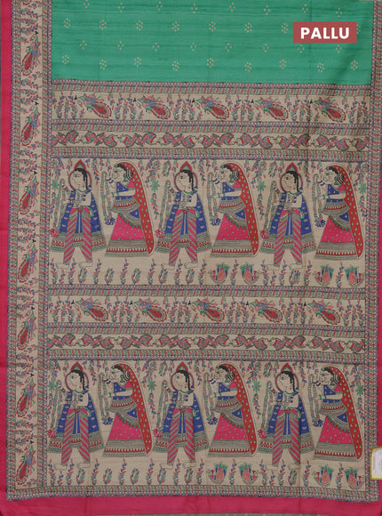 Semi tussar saree green and pink with bandhini butta prints and madhubani printed pallu
