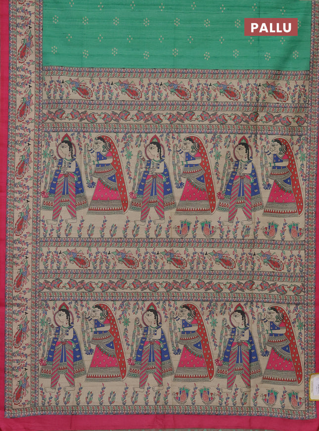 Semi tussar saree green and pink with bandhini butta prints and madhubani printed pallu