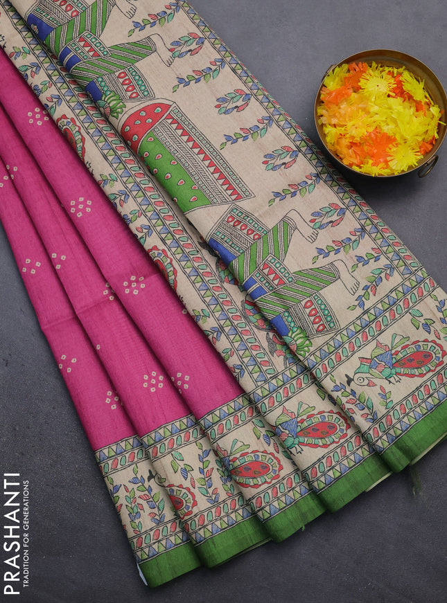 Semi tussar saree magenta pink and green with bandhini butta prints and madhubani printed pallu
