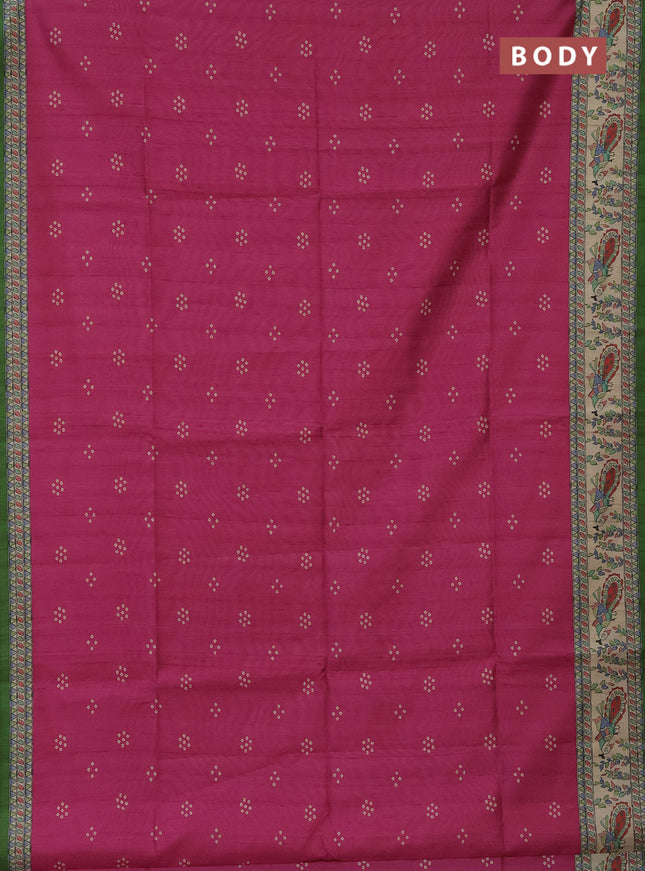 Semi tussar saree magenta pink and green with bandhini butta prints and madhubani printed pallu