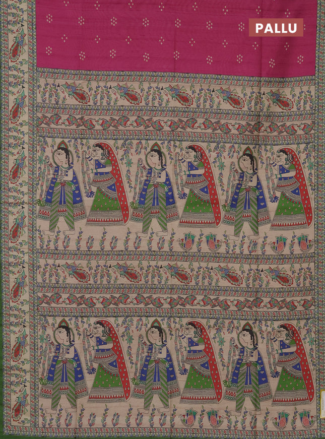 Semi tussar saree magenta pink and green with bandhini butta prints and madhubani printed pallu