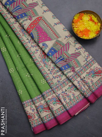 Semi tussar saree green and magenta pink with bandhini butta prints and madhubani printed pallu