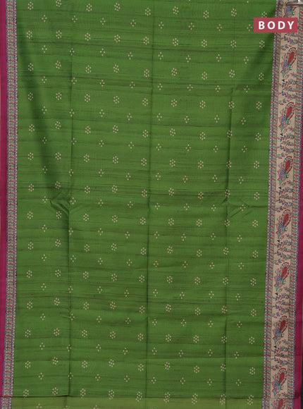 Semi tussar saree green and magenta pink with bandhini butta prints and madhubani printed pallu