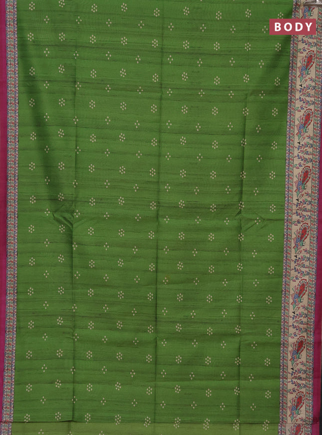 Semi tussar saree green and magenta pink with bandhini butta prints and madhubani printed pallu