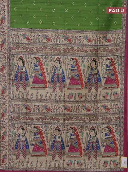 Semi tussar saree green and magenta pink with bandhini butta prints and madhubani printed pallu