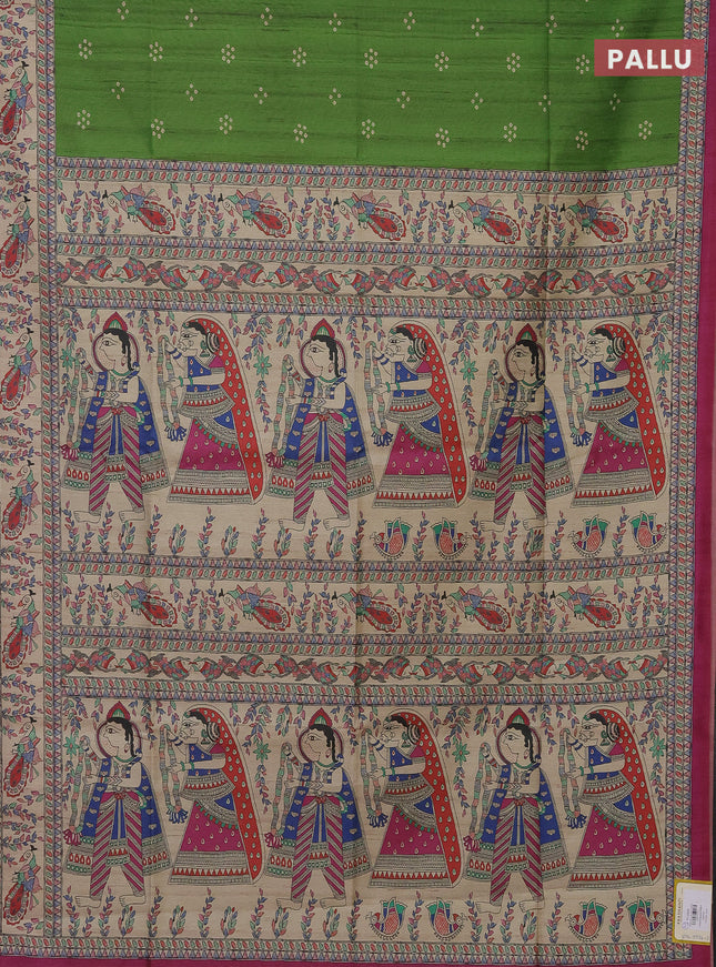 Semi tussar saree green and magenta pink with bandhini butta prints and madhubani printed pallu