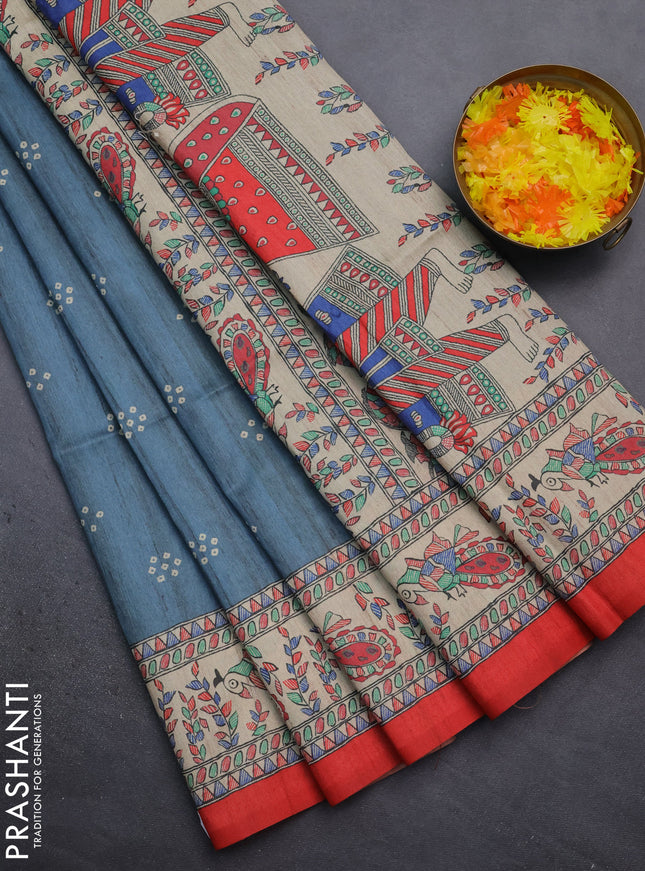 Semi tussar saree bluish grey and red with bandhini butta prints and madhubani printed pallu