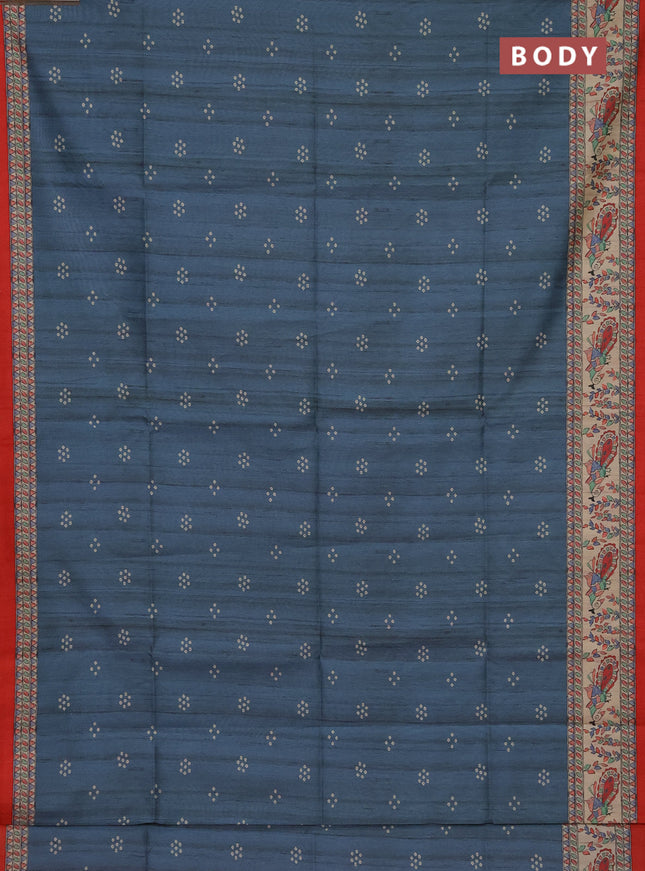 Semi tussar saree bluish grey and red with bandhini butta prints and madhubani printed pallu
