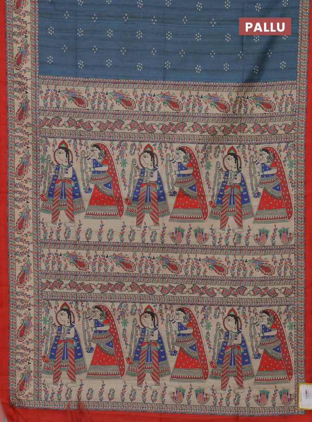 Semi tussar saree bluish grey and red with bandhini butta prints and madhubani printed pallu