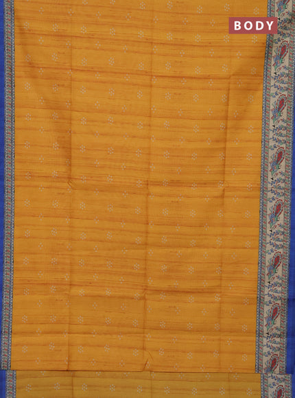 Semi tussar saree mustard yellow and blue with bandhini butta prints and madhubani printed pallu