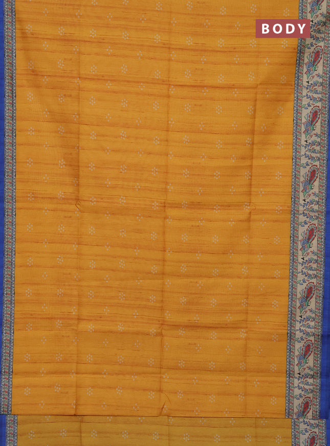 Semi tussar saree mustard yellow and blue with bandhini butta prints and madhubani printed pallu