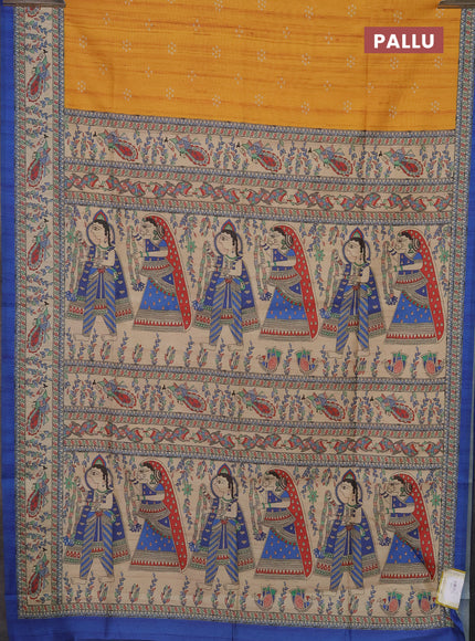 Semi tussar saree mustard yellow and blue with bandhini butta prints and madhubani printed pallu