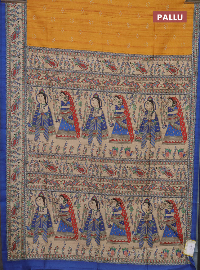 Semi tussar saree mustard yellow and blue with bandhini butta prints and madhubani printed pallu