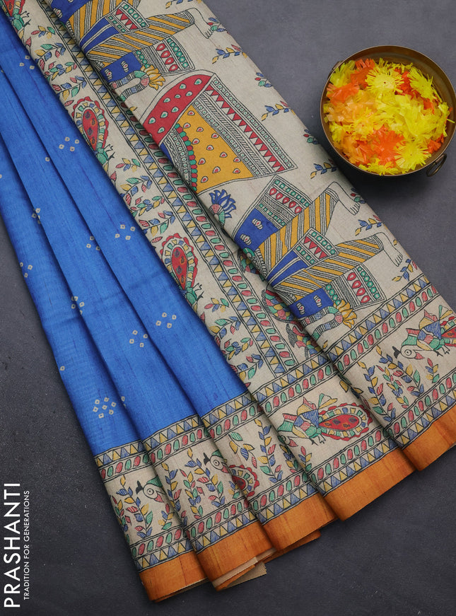 Semi tussar saree blue and mustard yellow with bandhini butta prints and madhubani printed pallu
