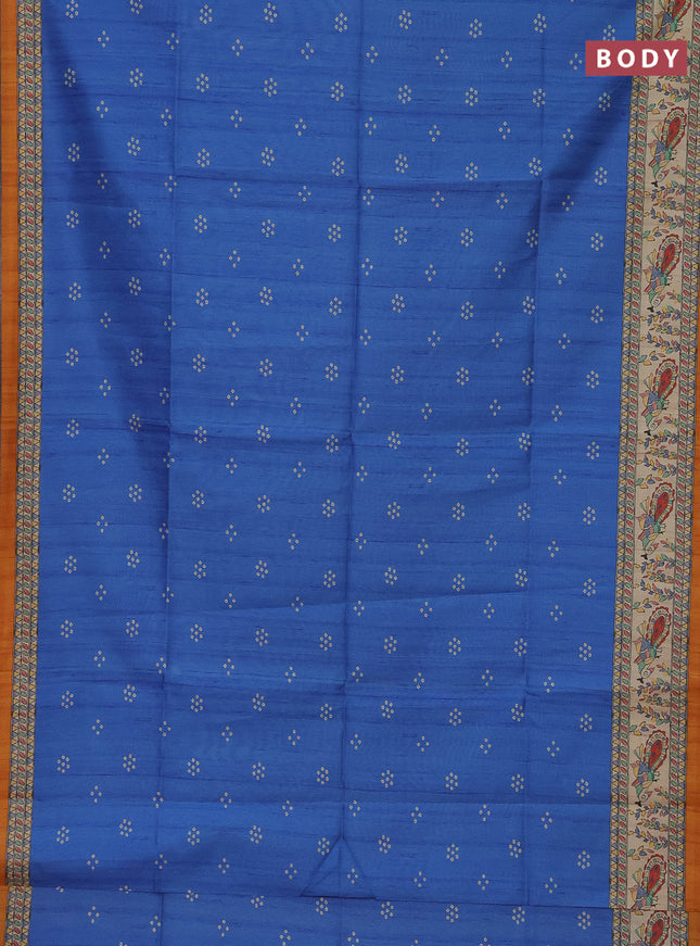 Semi tussar saree blue and mustard yellow with bandhini butta prints and madhubani printed pallu