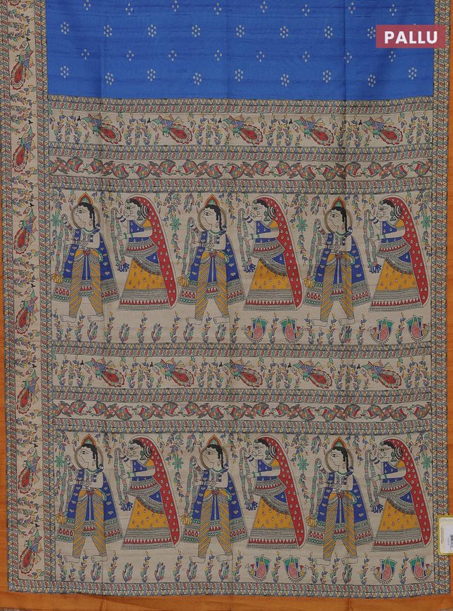 Semi tussar saree blue and mustard yellow with bandhini butta prints and madhubani printed pallu