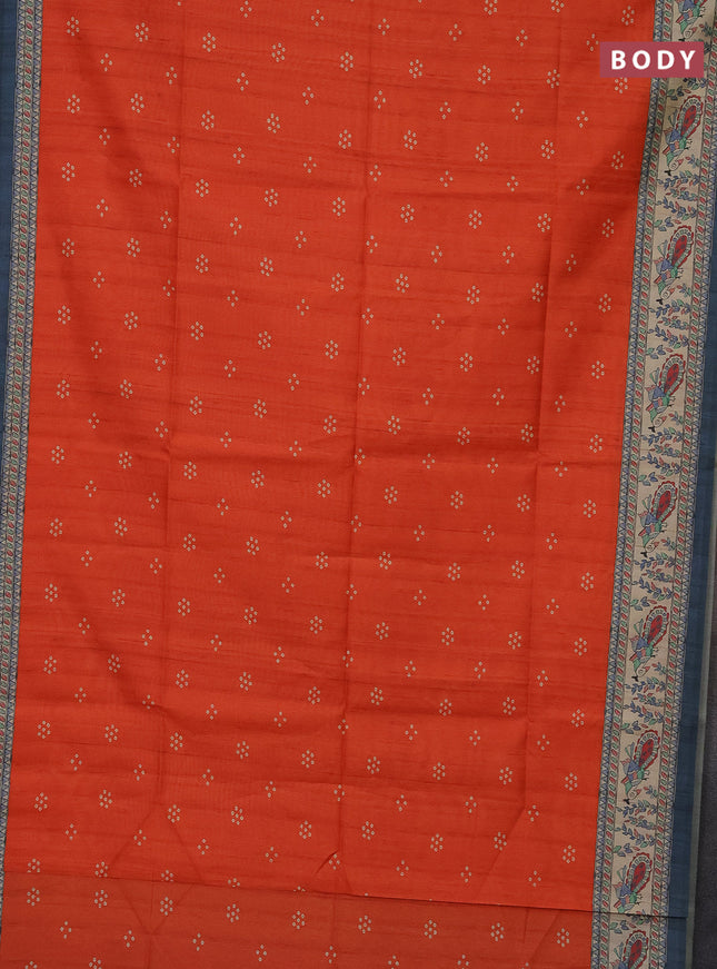 Semi tussar saree orange and beige with bandhini butta prints and madhubani printed pallu