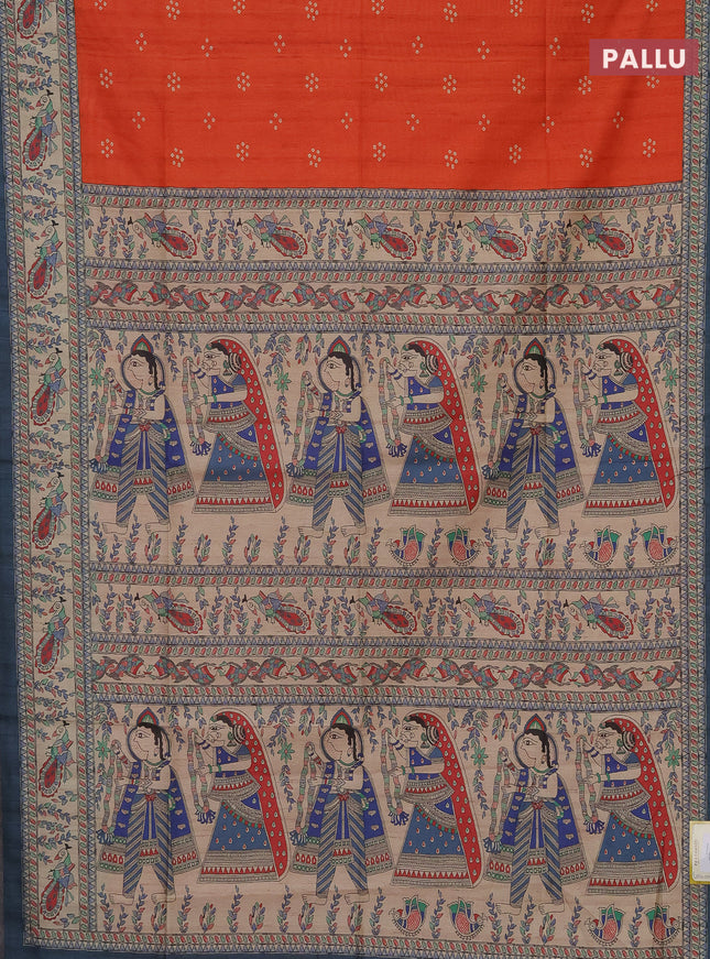 Semi tussar saree orange and beige with bandhini butta prints and madhubani printed pallu