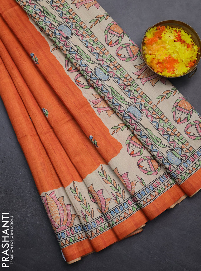Semi tussar saree orange and beige with butta prints and madhubani printed pallu