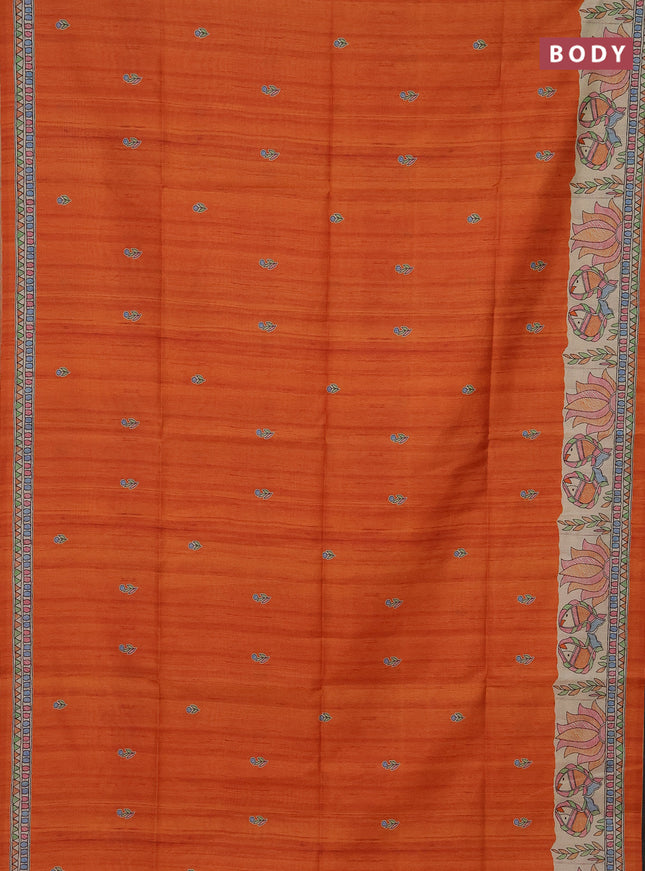 Semi tussar saree orange and beige with butta prints and madhubani printed pallu