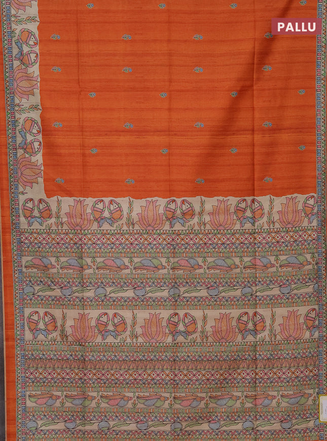 Semi tussar saree orange and beige with butta prints and madhubani printed pallu