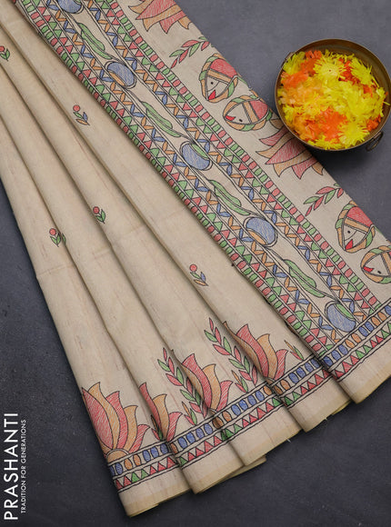 Semi tussar saree sandal with butta prints and madhubani printed pallu